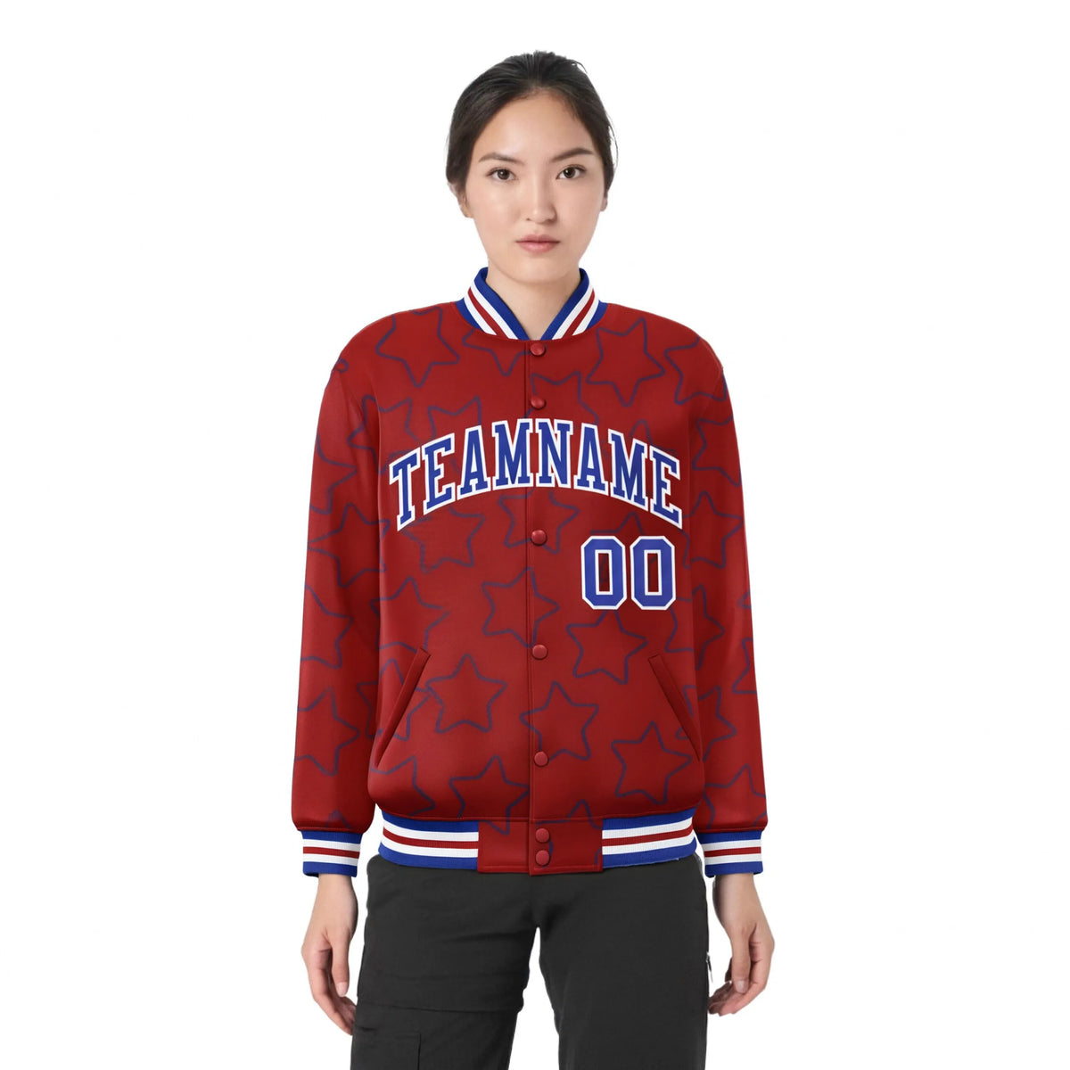 Custom Red Royal Blue-White Varsity Full-Snap Star Pattern Letterman Baseball Jacket