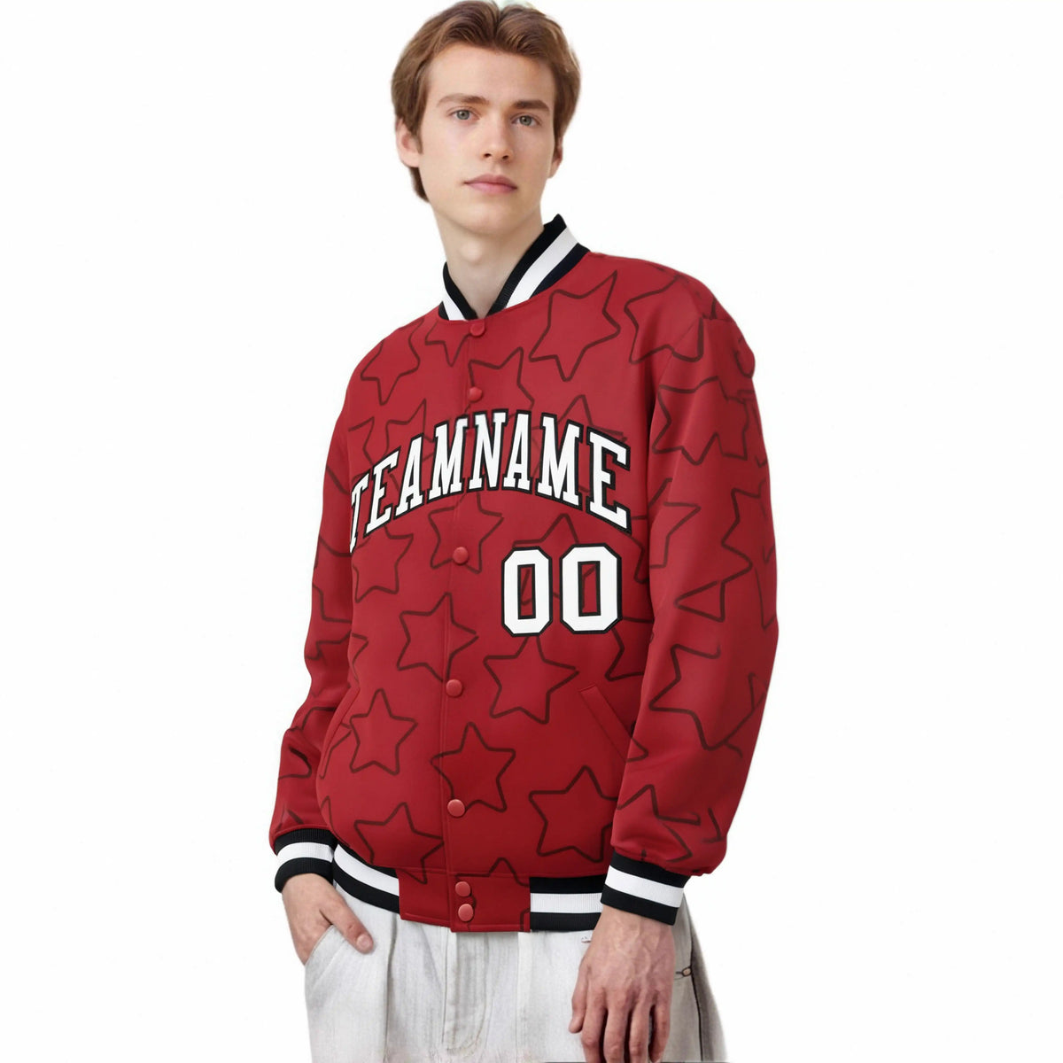 Custom Red White-Black Varsity Full-Snap Star Pattern Letterman Baseball Jacket