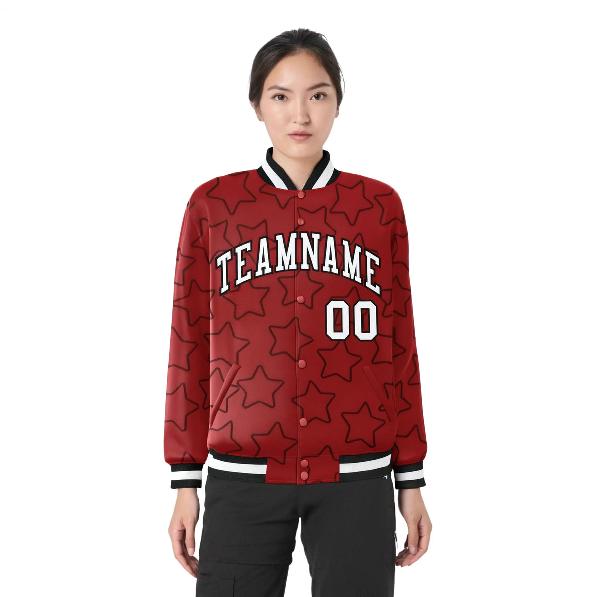 Custom Red White-Black Varsity Full-Snap Star Pattern Letterman Baseball Jacket
