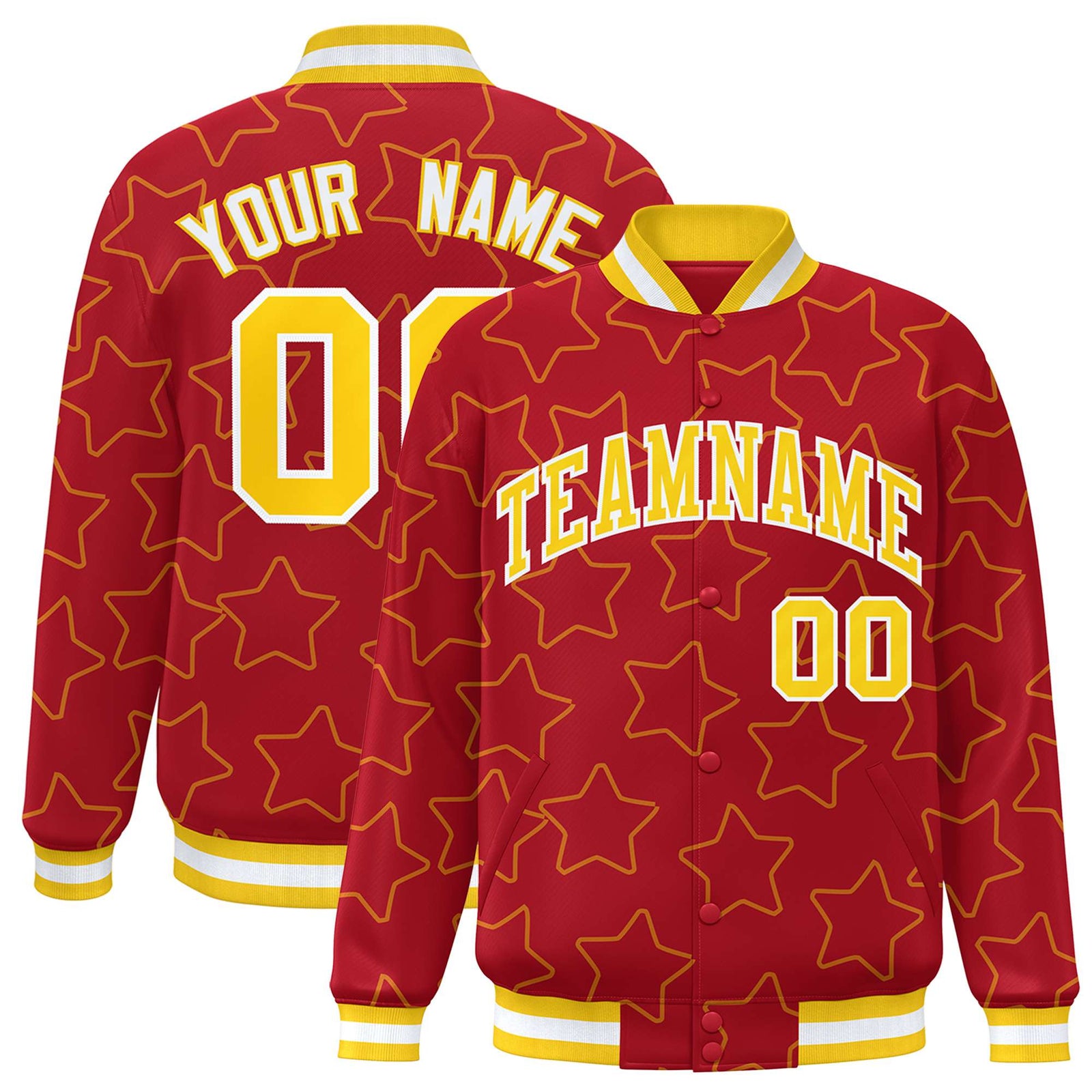 Custom Red Gold-White Varsity Full-Snap Star Pattern Letterman Baseball Jacket