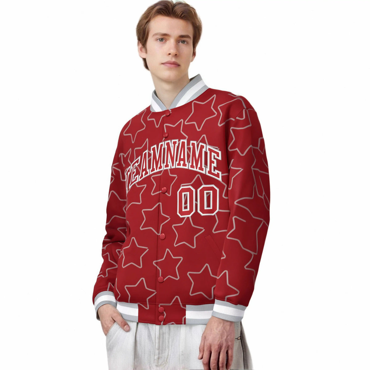 Custom Red Red-White Varsity Full-Snap Star Pattern Letterman Baseball Jacket