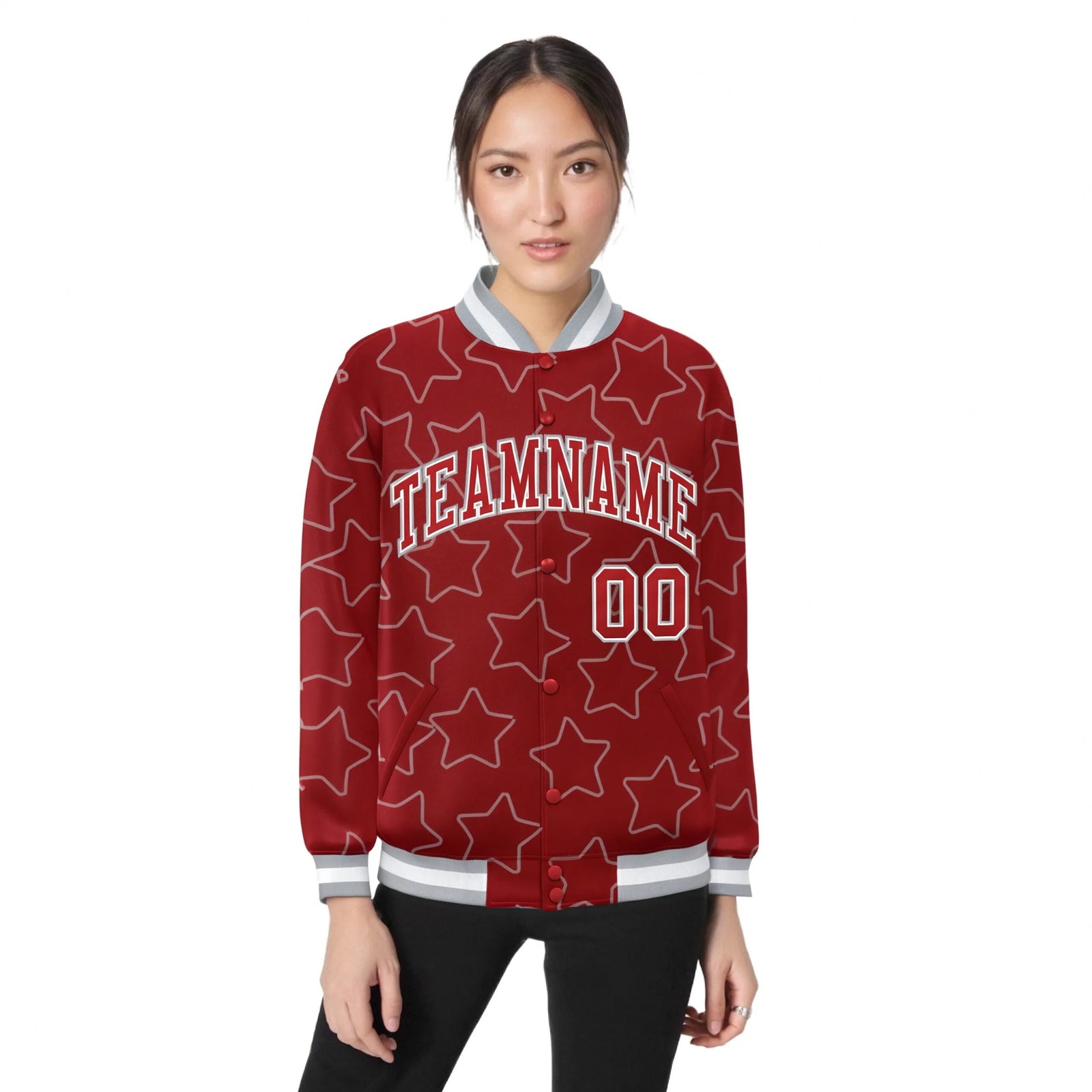 Custom Red Red-White Varsity Full-Snap Star Pattern Letterman Baseball Jacket