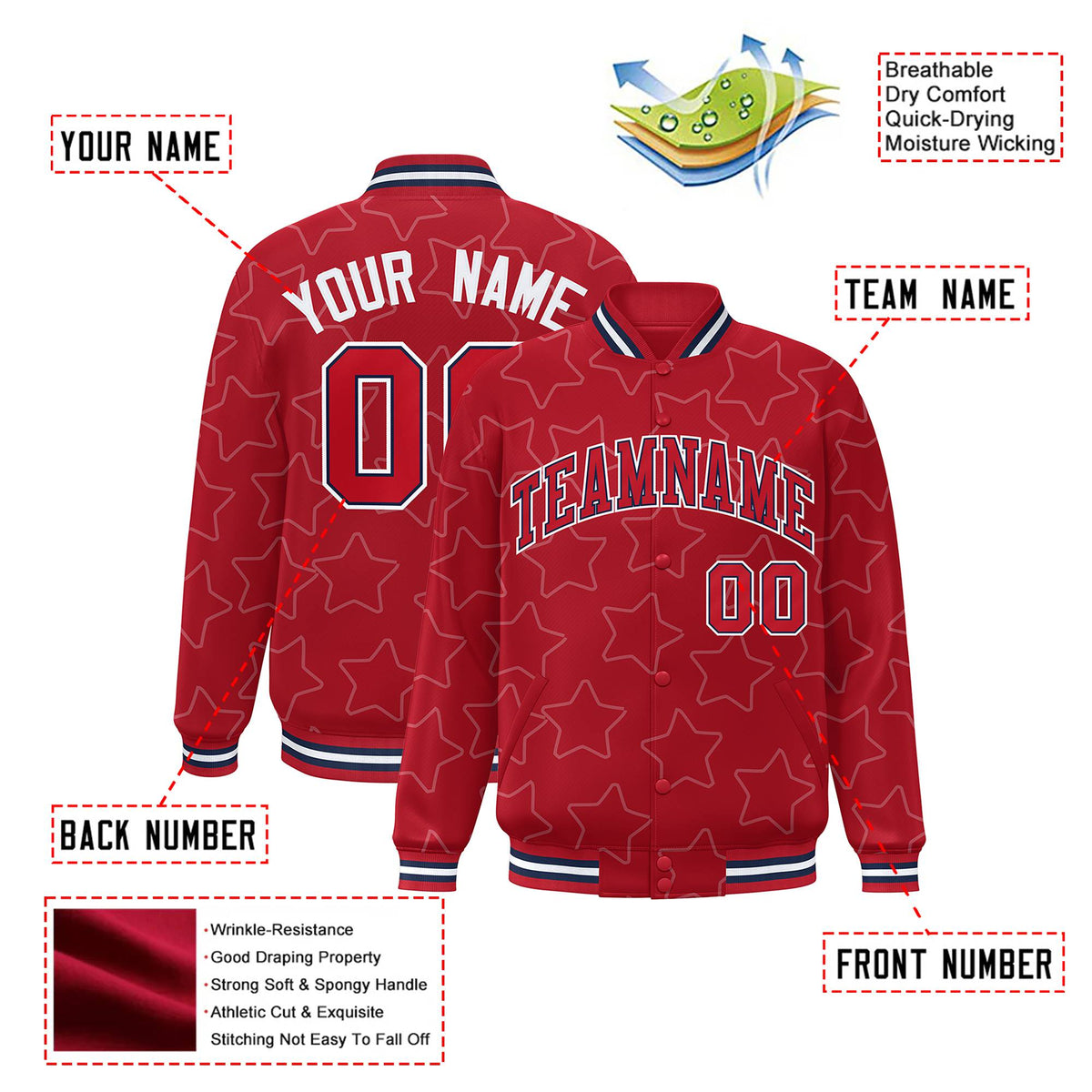 Custom Red Red-Navy Varsity Full-Snap Star Pattern Letterman Baseball Jacket
