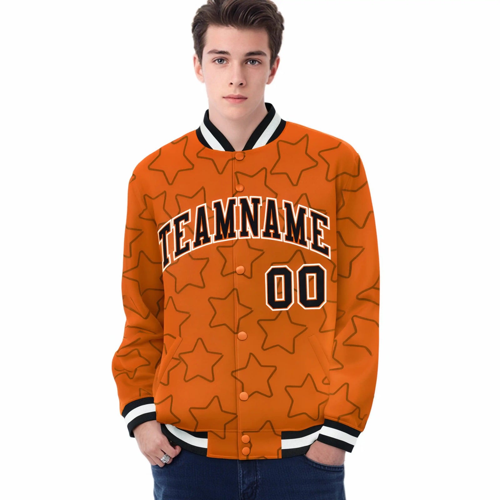 Custom Orange Black-White Varsity Full-Snap Star Pattern Letterman Baseball Jacket