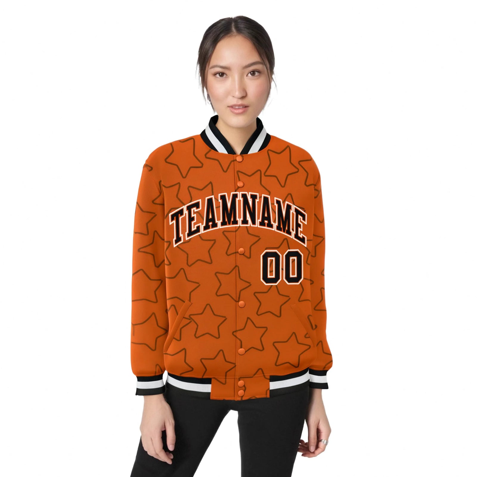 Custom Orange Black-White Varsity Full-Snap Star Pattern Letterman Baseball Jacket