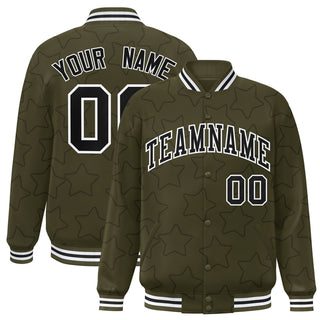 Custom Olive Black-White Varsity Full-Snap Star Pattern Letterman Baseball Jacket - Style 1