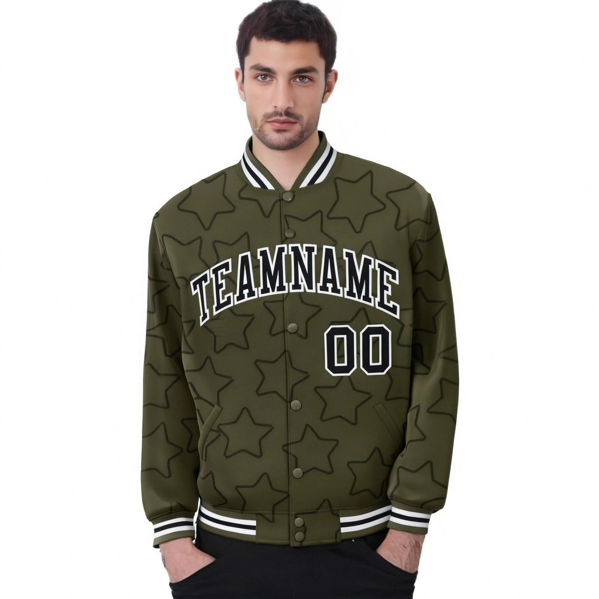 Custom Olive Black-White Varsity Full-Snap Star Pattern Letterman Baseball Jacket