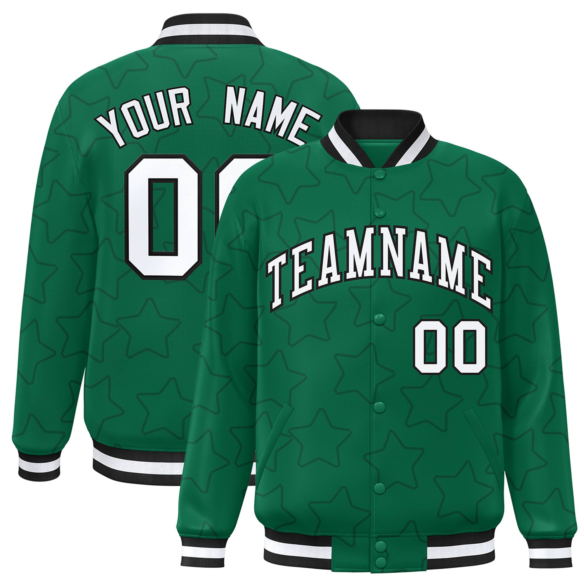 Custom Kelly Green White-Black Varsity Full-Snap Star Pattern Letterman Baseball Jacket