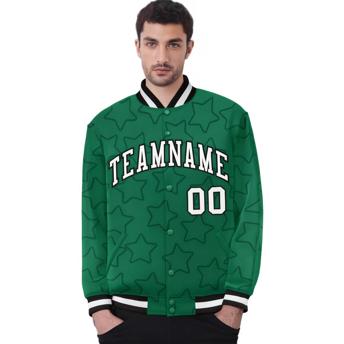 Custom Kelly Green White-Black Varsity Full-Snap Star Pattern Letterman Baseball Jacket