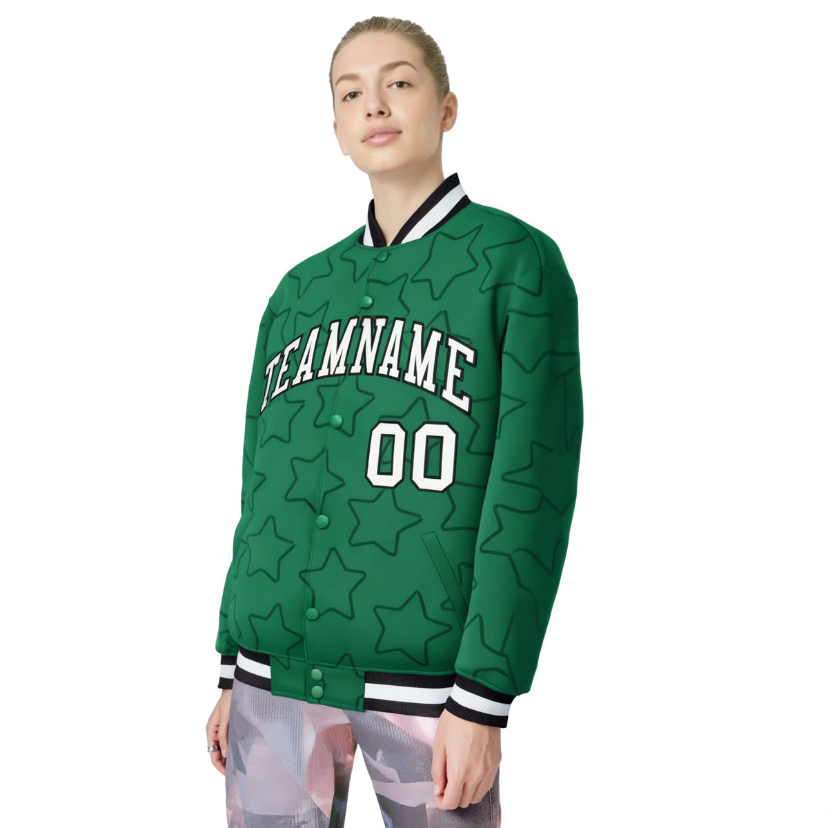 Custom Kelly Green White-Black Varsity Full-Snap Star Pattern Letterman Baseball Jacket