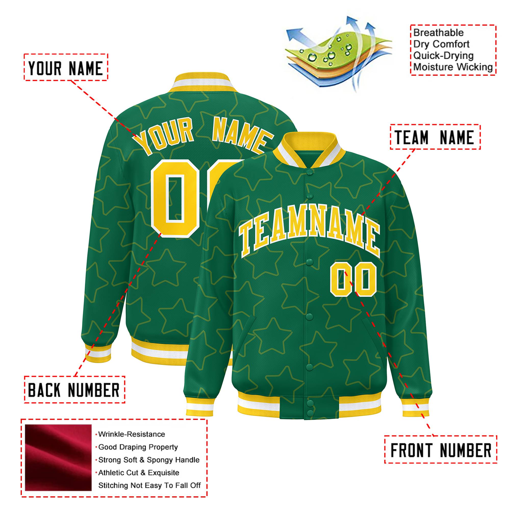 Custom Kelly Green Gold-White Varsity Full-Snap Star Pattern Letterman Baseball Jacket