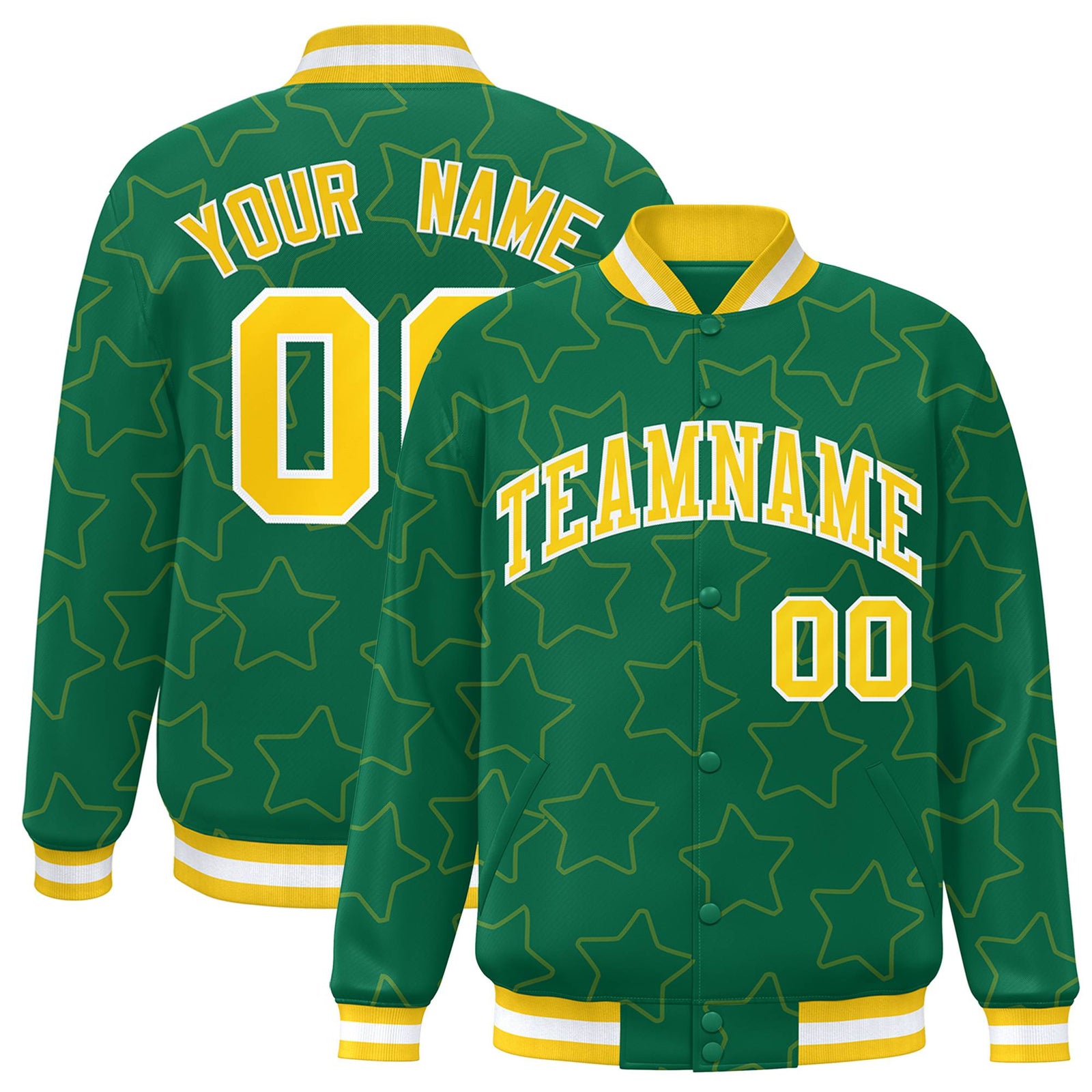 Custom Kelly Green Gold-White Varsity Full-Snap Star Pattern Letterman Baseball Jacket