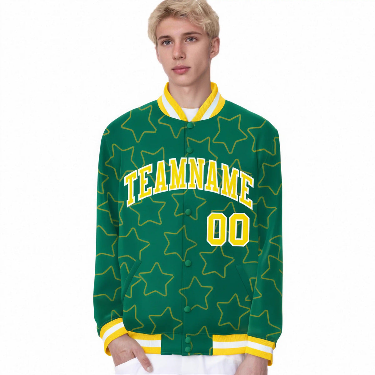 Custom Kelly Green Gold-White Varsity Full-Snap Star Pattern Letterman Baseball Jacket