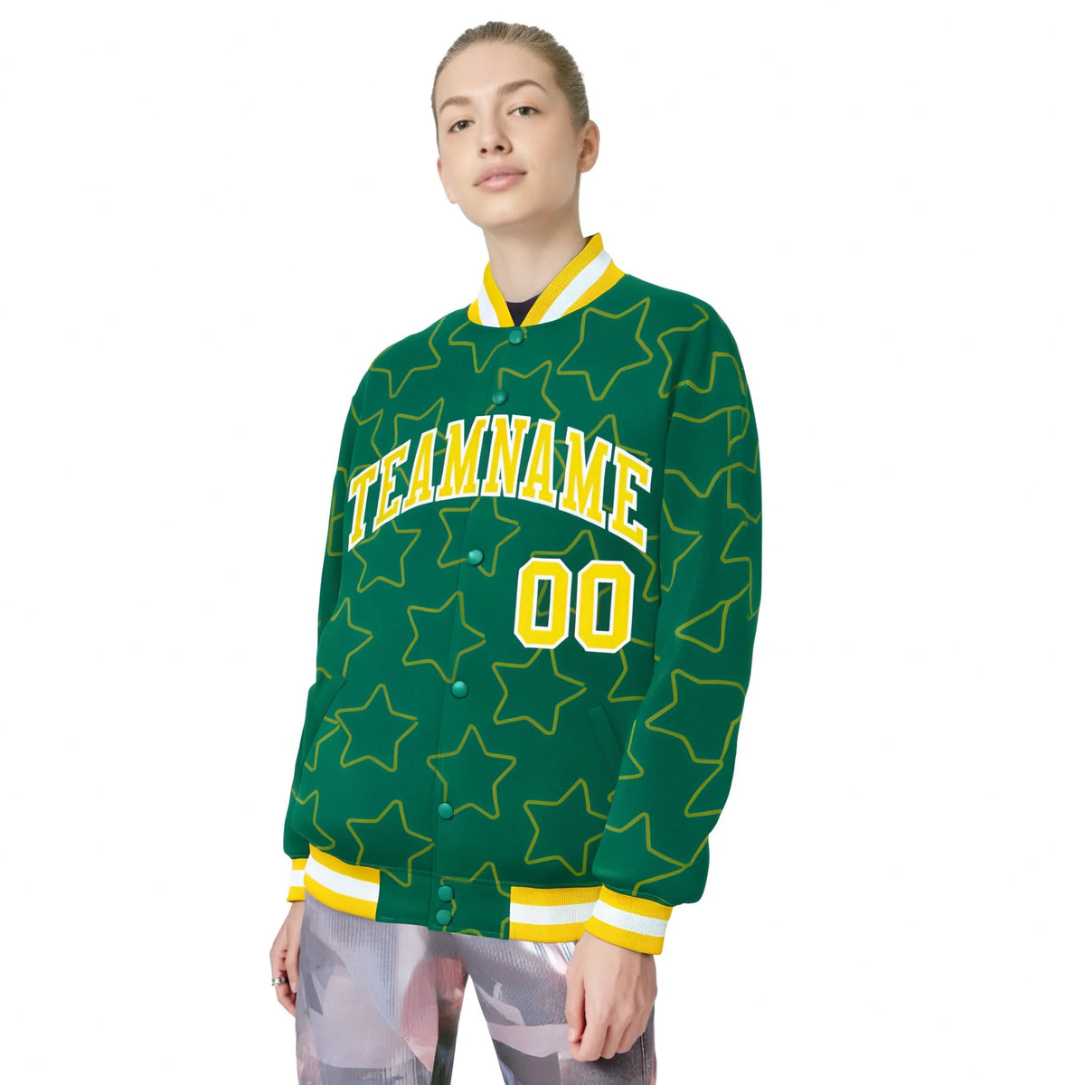 Custom Kelly Green Gold-White Varsity Full-Snap Star Pattern Letterman Baseball Jacket
