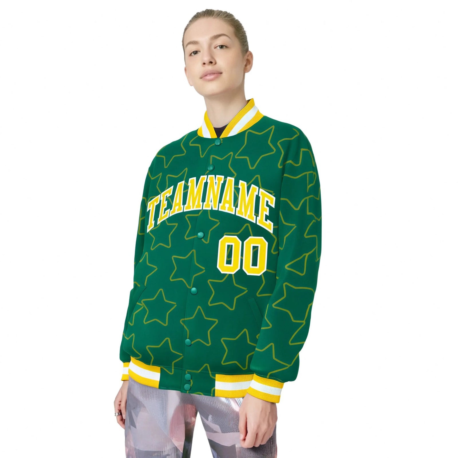 Custom Kelly Green Gold-White Varsity Full-Snap Star Pattern Letterman Baseball Jacket