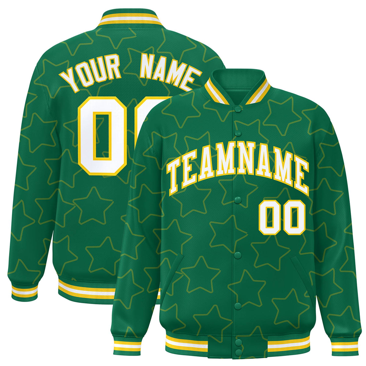 Custom Kelly Green White-Gold Varsity Full-Snap Star Pattern Letterman Baseball Jacket