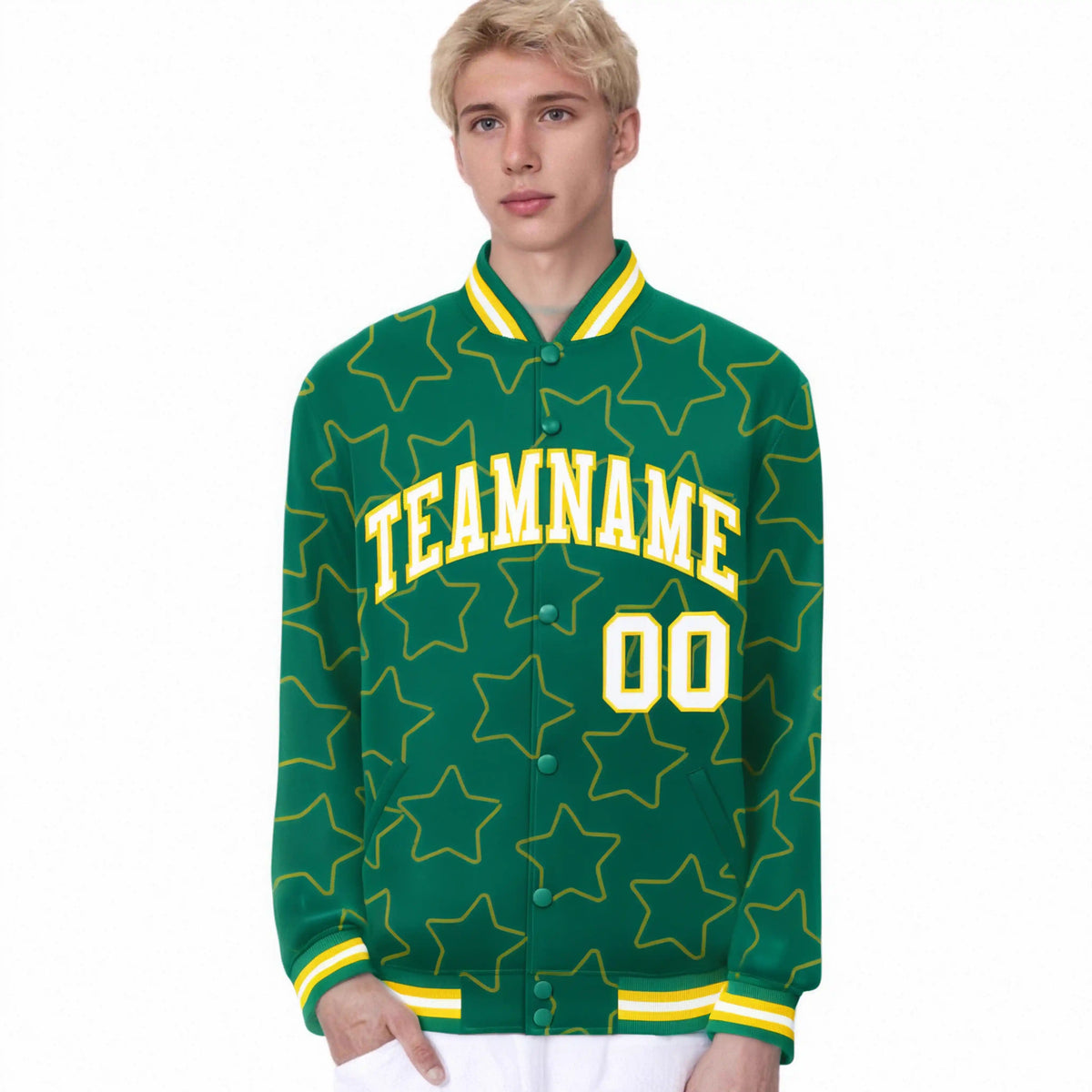 Custom Kelly Green White-Gold Varsity Full-Snap Star Pattern Letterman Baseball Jacket