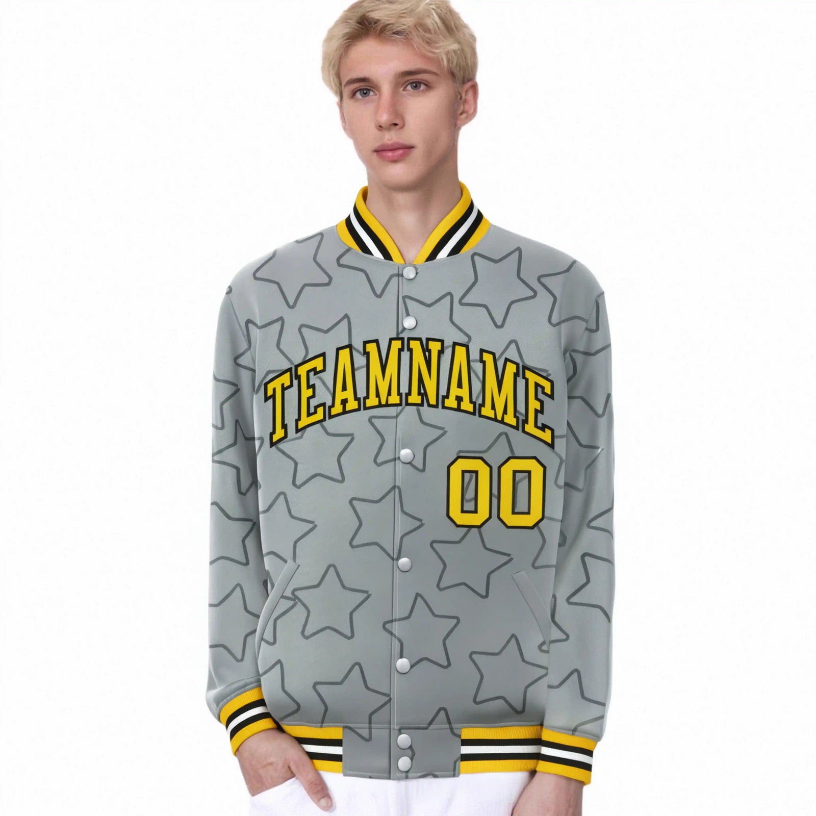 Custom Gray Old-Black Varsity Full-Snap Star Pattern Letterman Baseball Jacket
