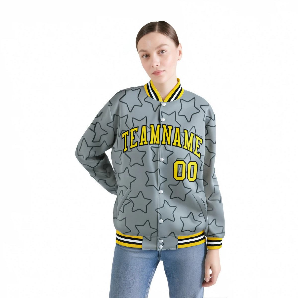 Custom Gray Old-Black Varsity Full-Snap Star Pattern Letterman Baseball Jacket