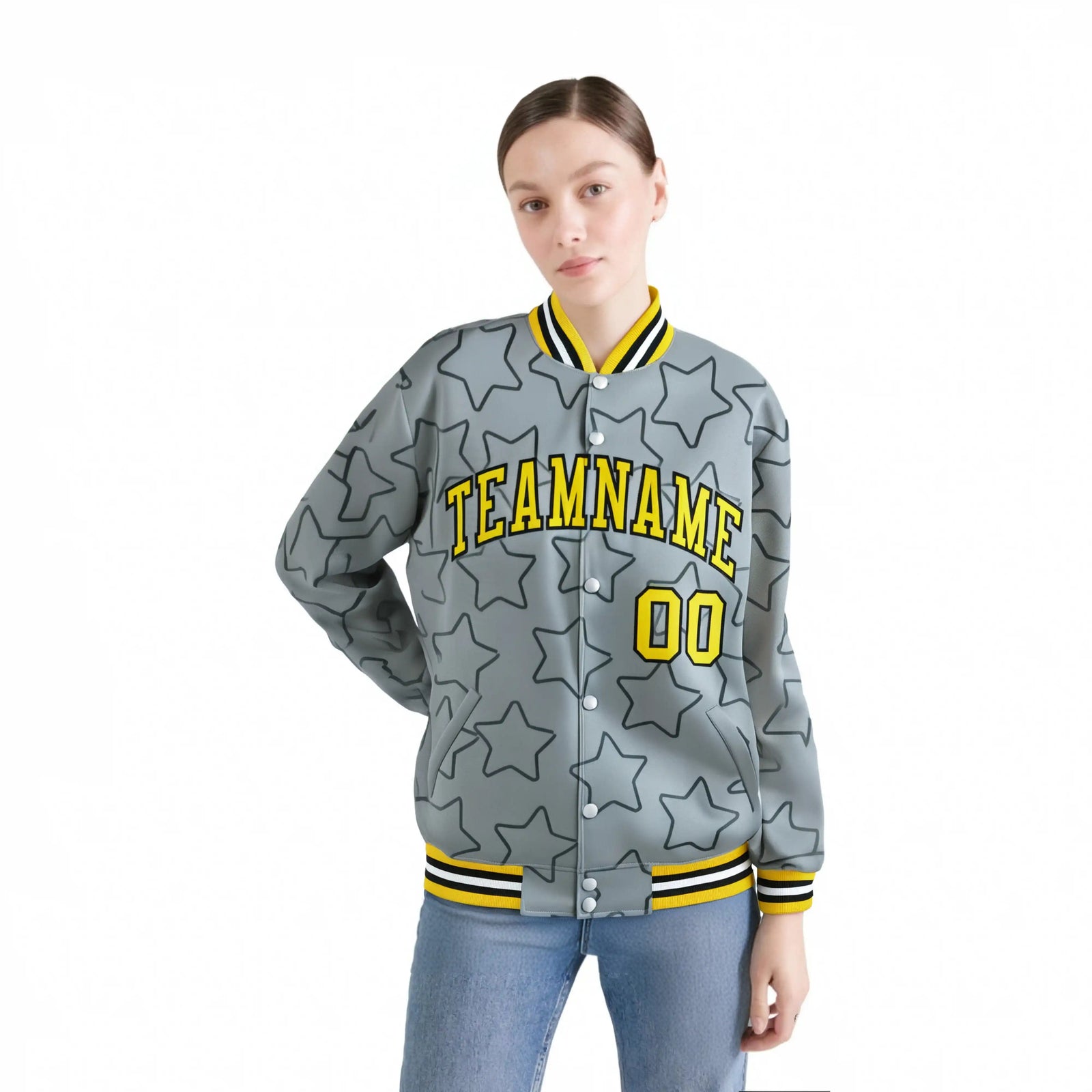 Custom Gray Old-Black Varsity Full-Snap Star Pattern Letterman Baseball Jacket