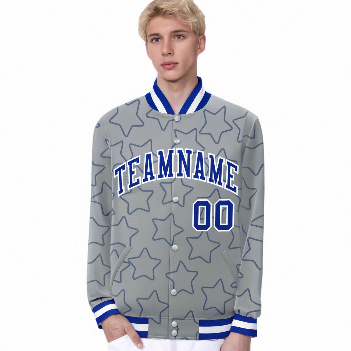 Custom Gray Royal Blue-White Varsity Full-Snap Star Pattern Letterman Baseball Jacket
