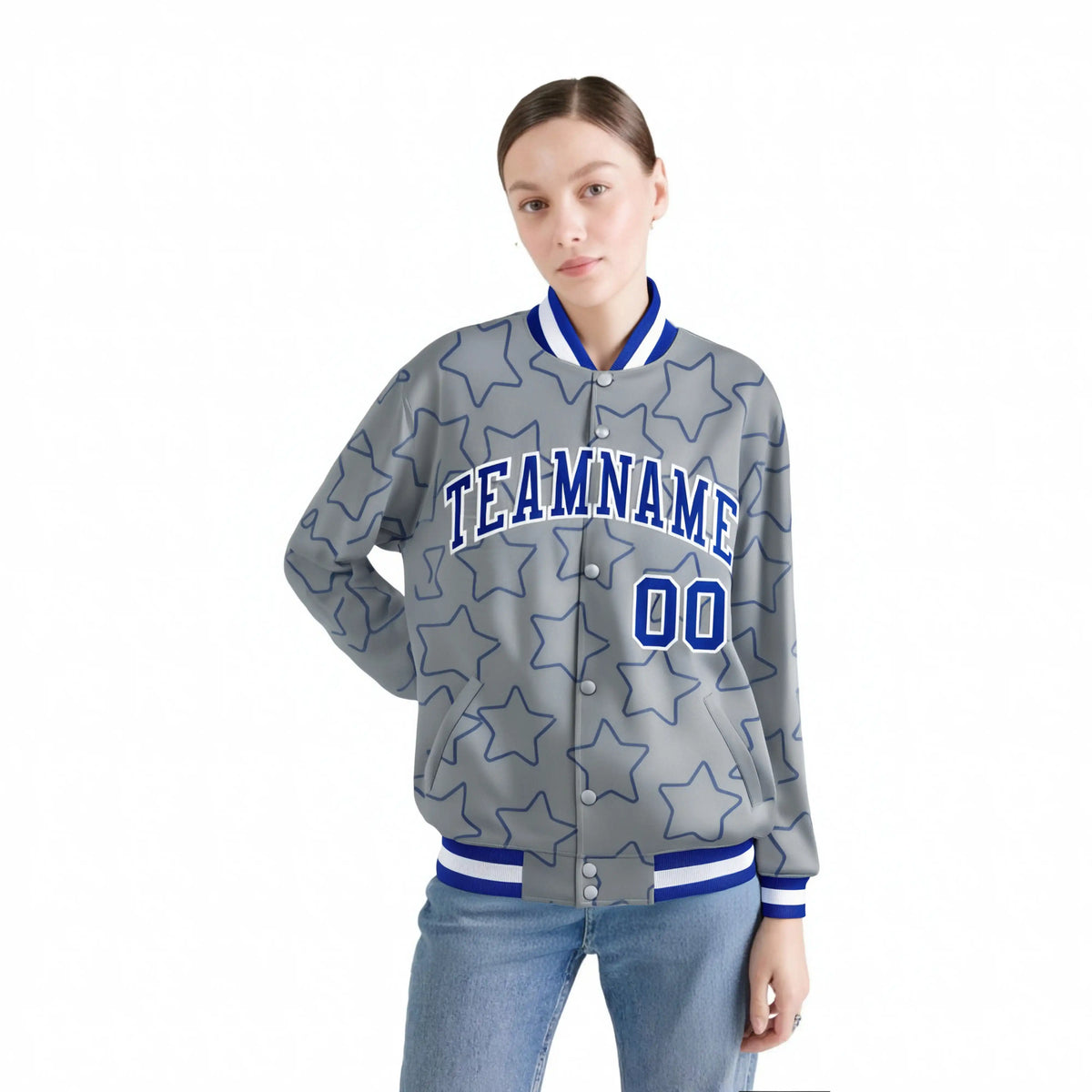 Custom Gray Royal Blue-White Varsity Full-Snap Star Pattern Letterman Baseball Jacket