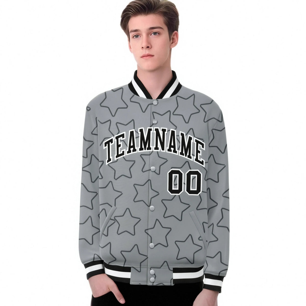 Custom Gray Black-White Varsity Full-Snap Star Pattern Letterman Baseball Jacket