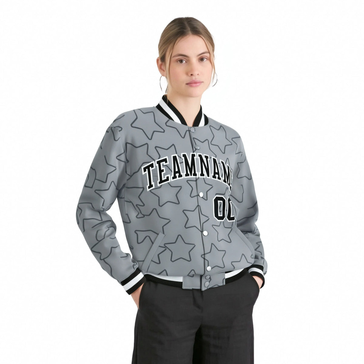 Custom Gray Black-White Varsity Full-Snap Star Pattern Letterman Baseball Jacket