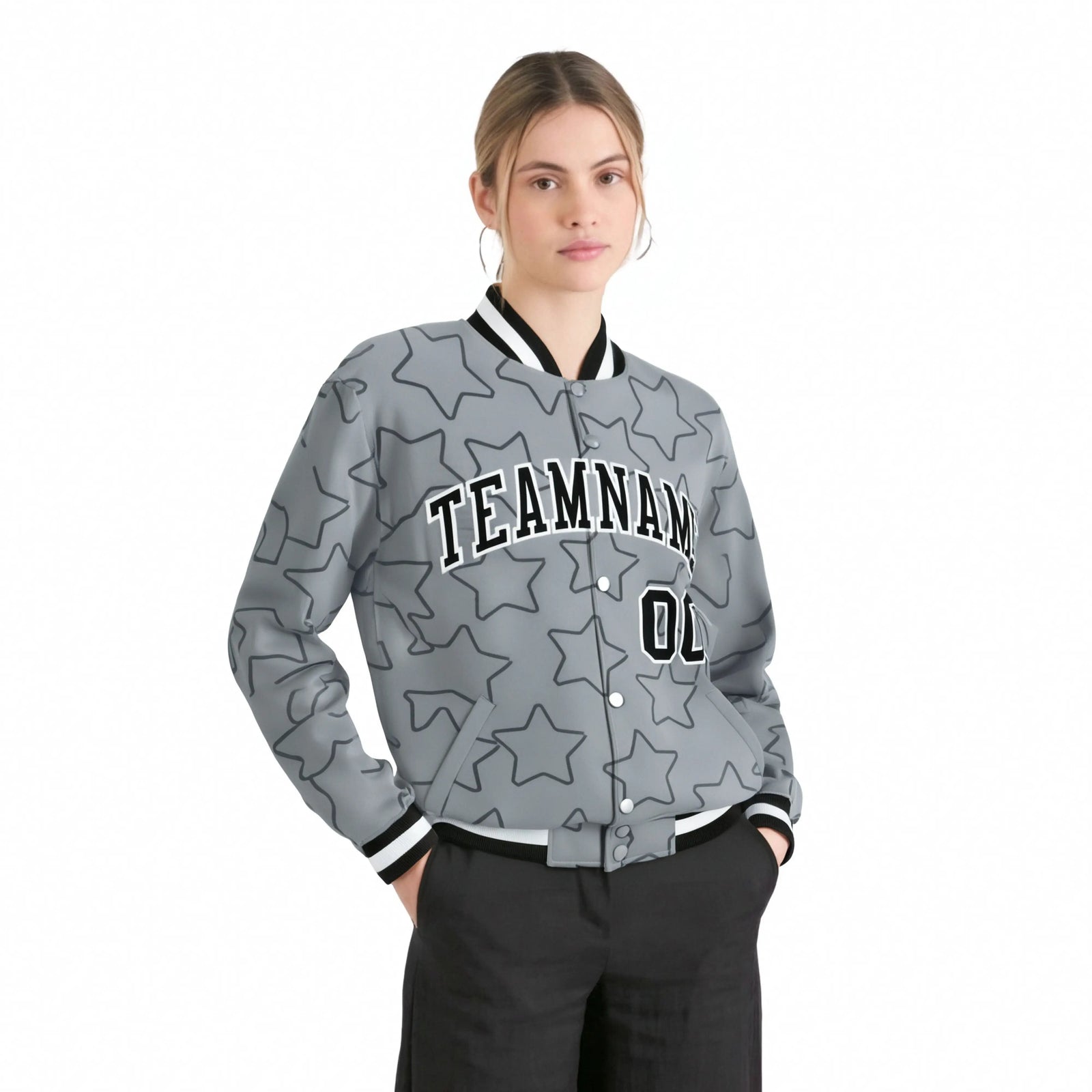 Custom Gray Black-White Varsity Full-Snap Star Pattern Letterman Baseball Jacket