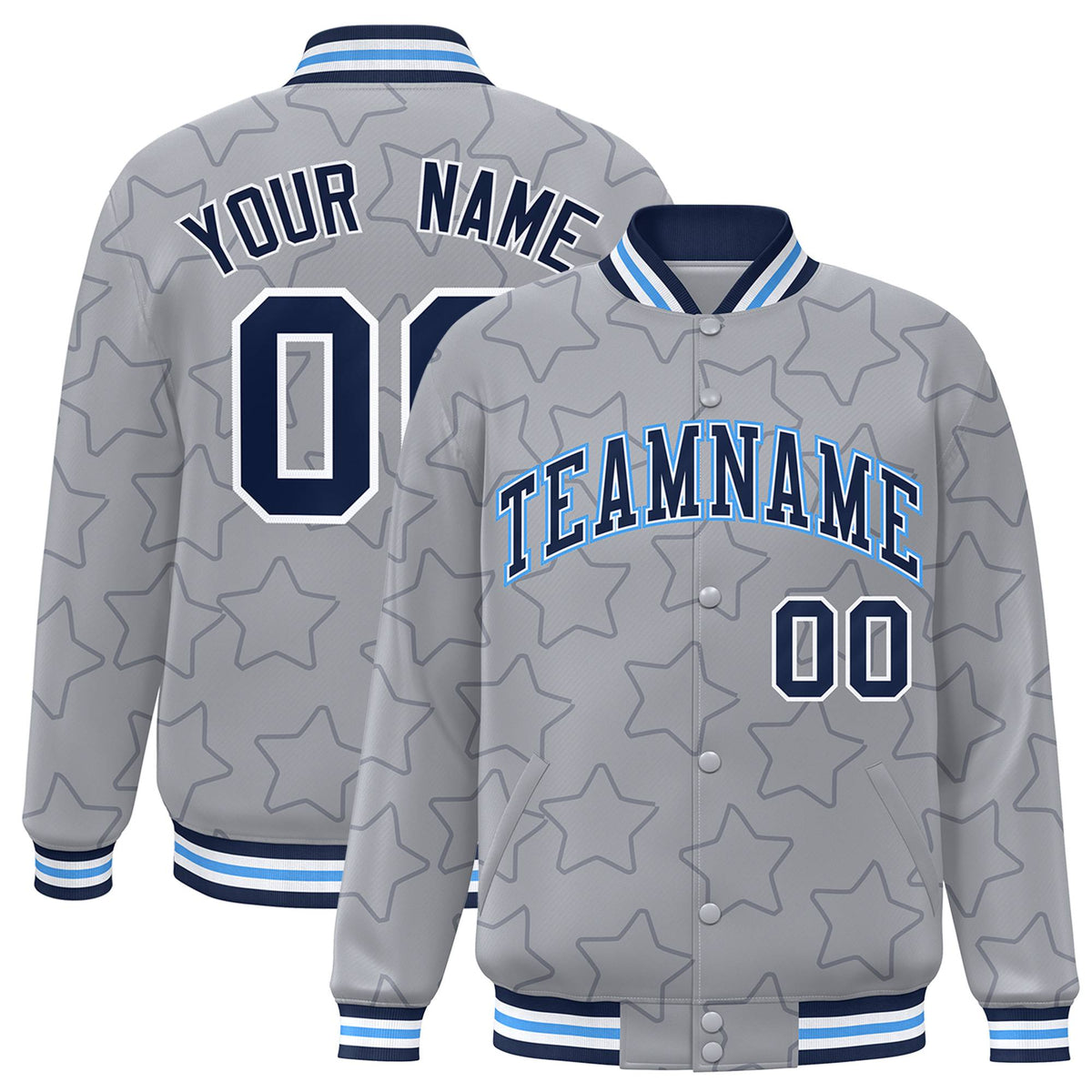 Custom Gray Navy-White Varsity Full-Snap Star Pattern Letterman Baseball Jacket