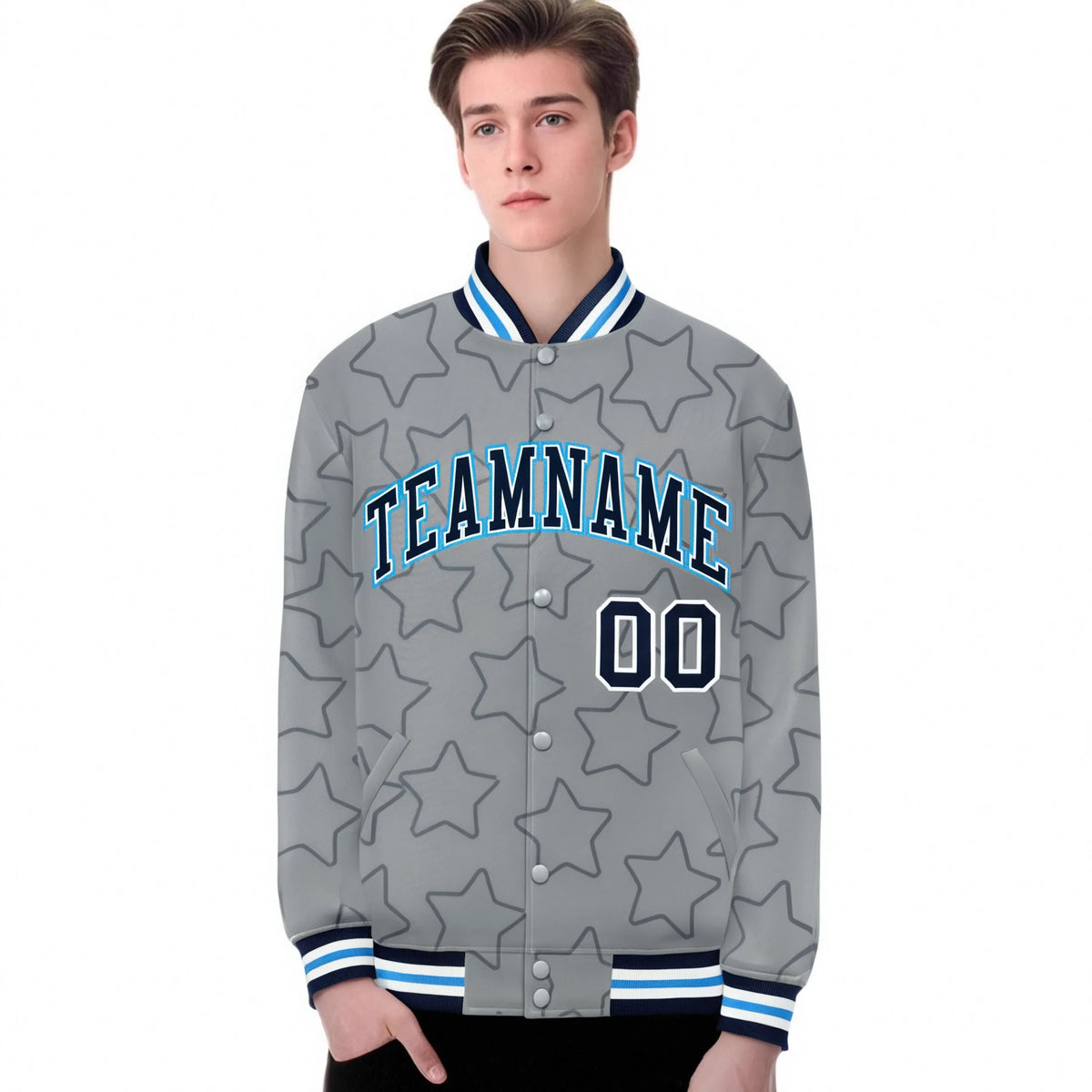 Custom Gray Navy-White Varsity Full-Snap Star Pattern Letterman Baseball Jacket