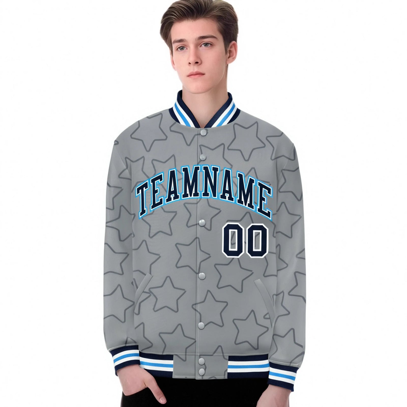 Custom Gray Navy-White Varsity Full-Snap Star Pattern Letterman Baseball Jacket
