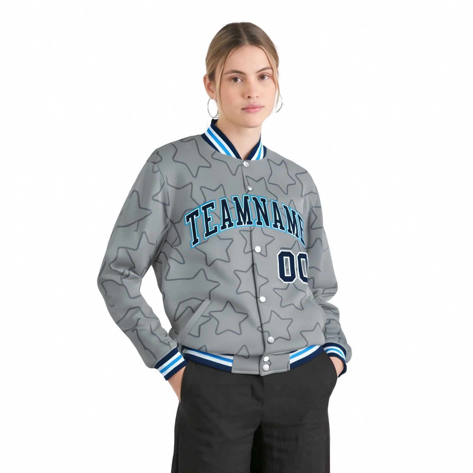 Custom Gray Navy-White Varsity Full-Snap Star Pattern Letterman Baseball Jacket