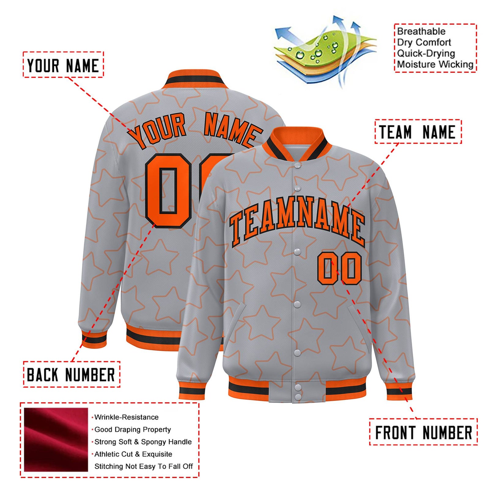 Custom Gray Orange-Black Varsity Full-Snap Star Pattern Letterman Baseball Jacket