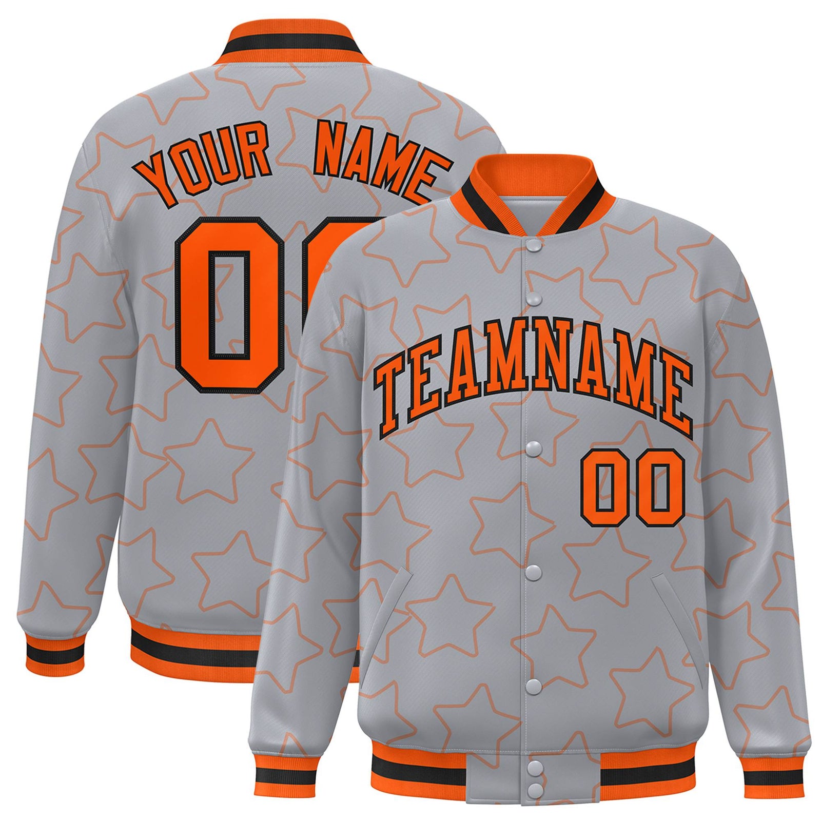 Custom Gray Orange-Black Varsity Full-Snap Star Pattern Letterman Baseball Jacket