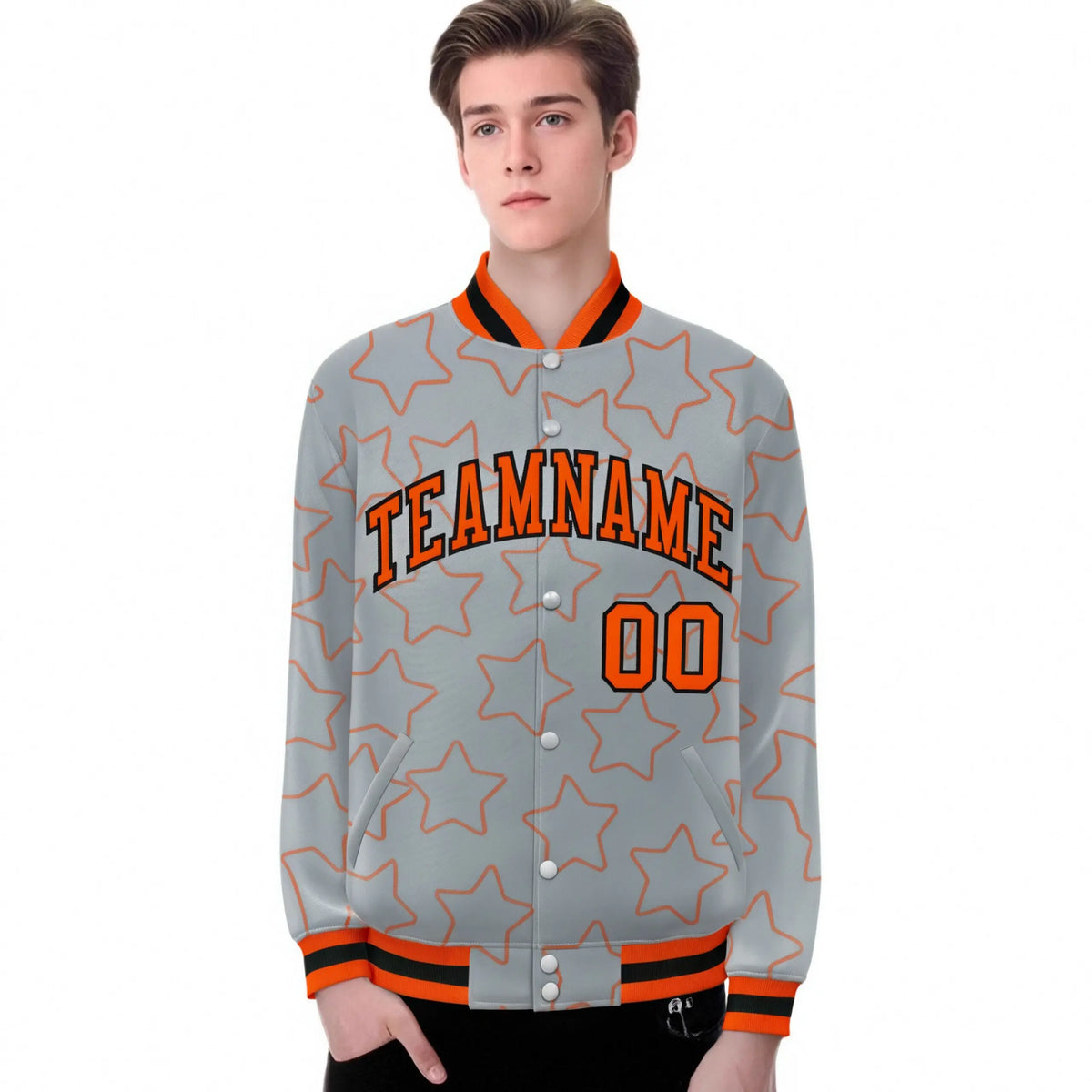 Custom Gray Orange-Black Varsity Full-Snap Star Pattern Letterman Baseball Jacket