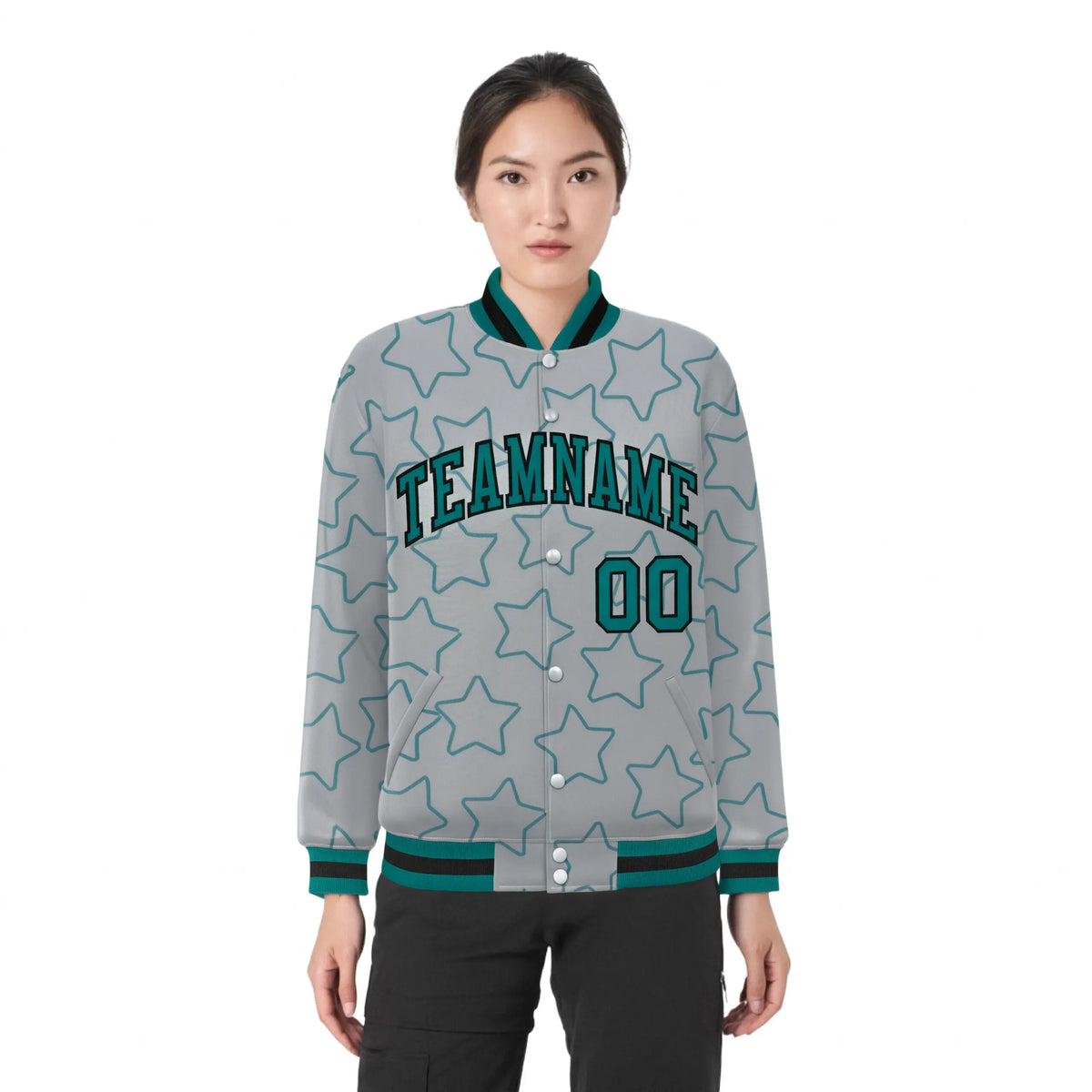 Custom Gray Aqua-Black Varsity Full-Snap Star Pattern Letterman Baseball Jacket