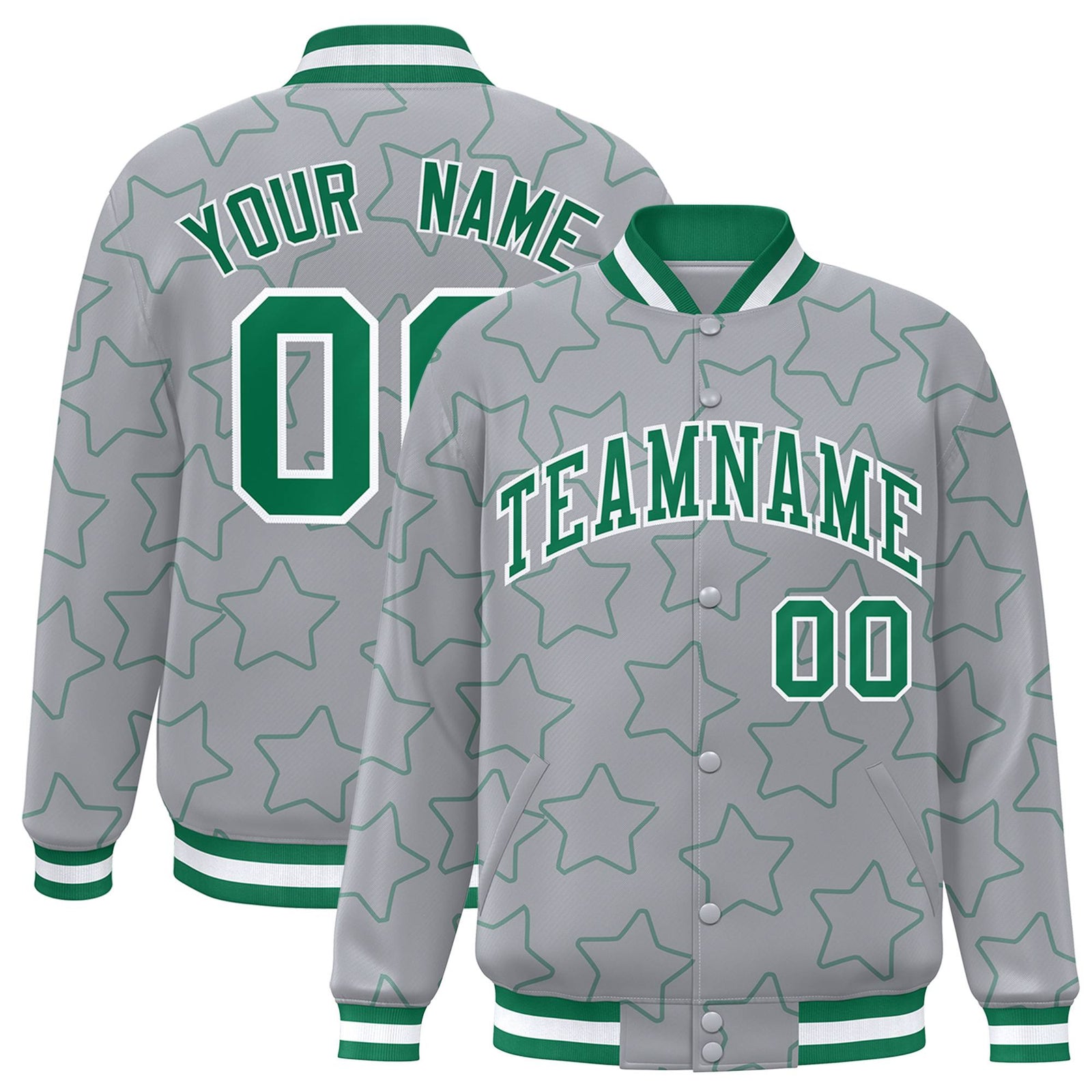 Custom Gray Kelly Green-White Varsity Full-Snap Star Pattern Letterman Baseball Jacket