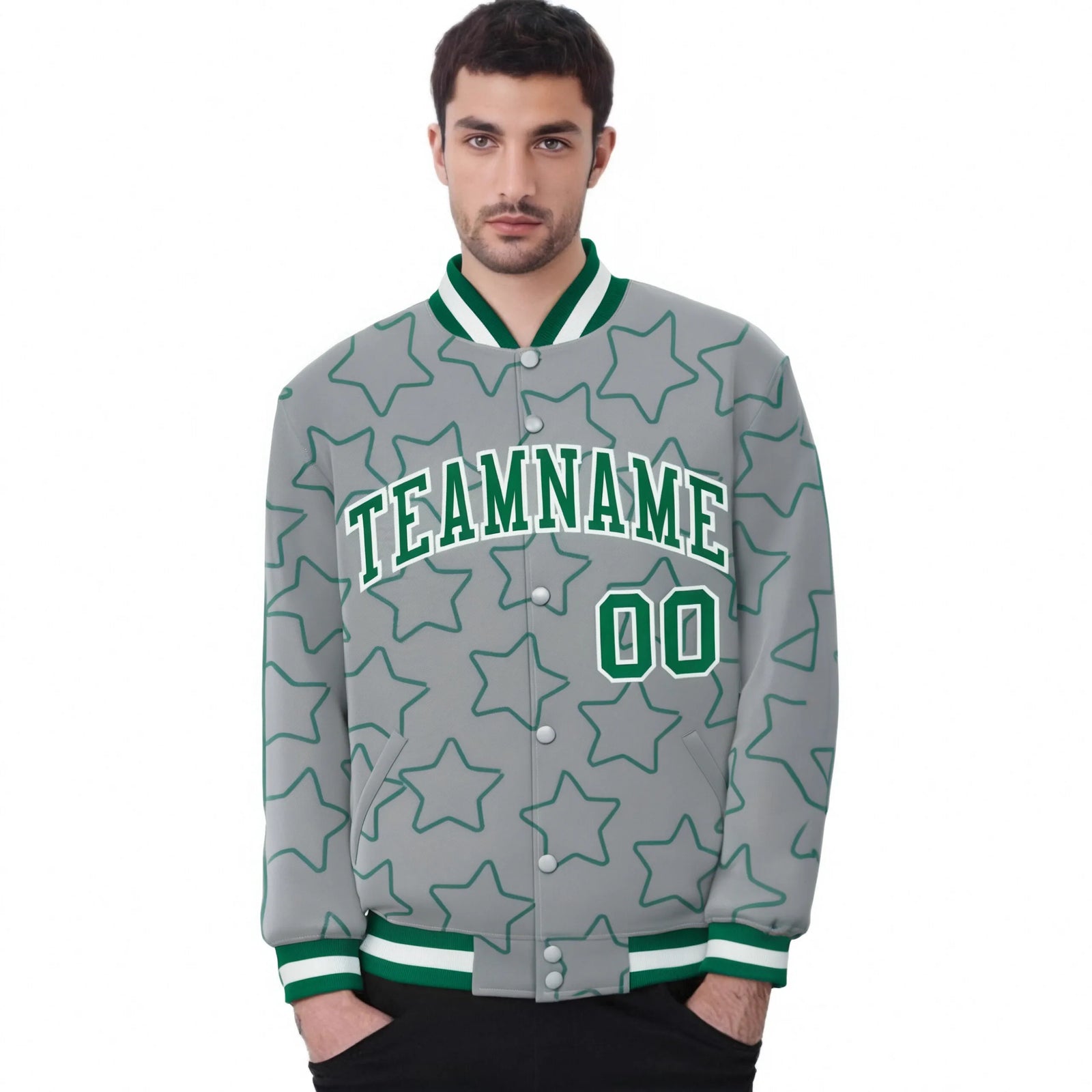 Custom Gray Kelly Green-White Varsity Full-Snap Star Pattern Letterman Baseball Jacket