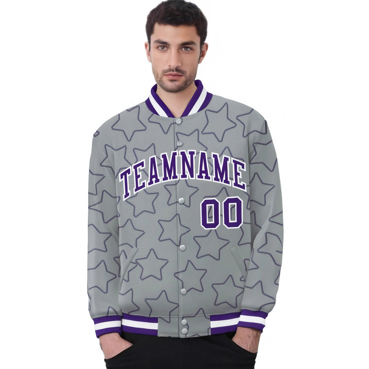 Custom Gray Purple-White Varsity Full-Snap Star Pattern Letterman Baseball Jacket