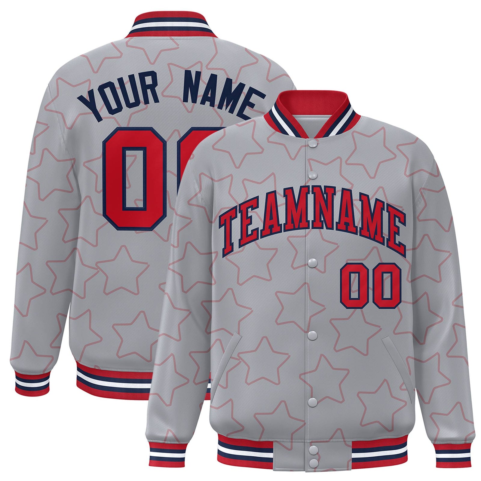 Custom Gray Red-Navy Varsity Full-Snap Star Pattern Letterman Baseball Jacket