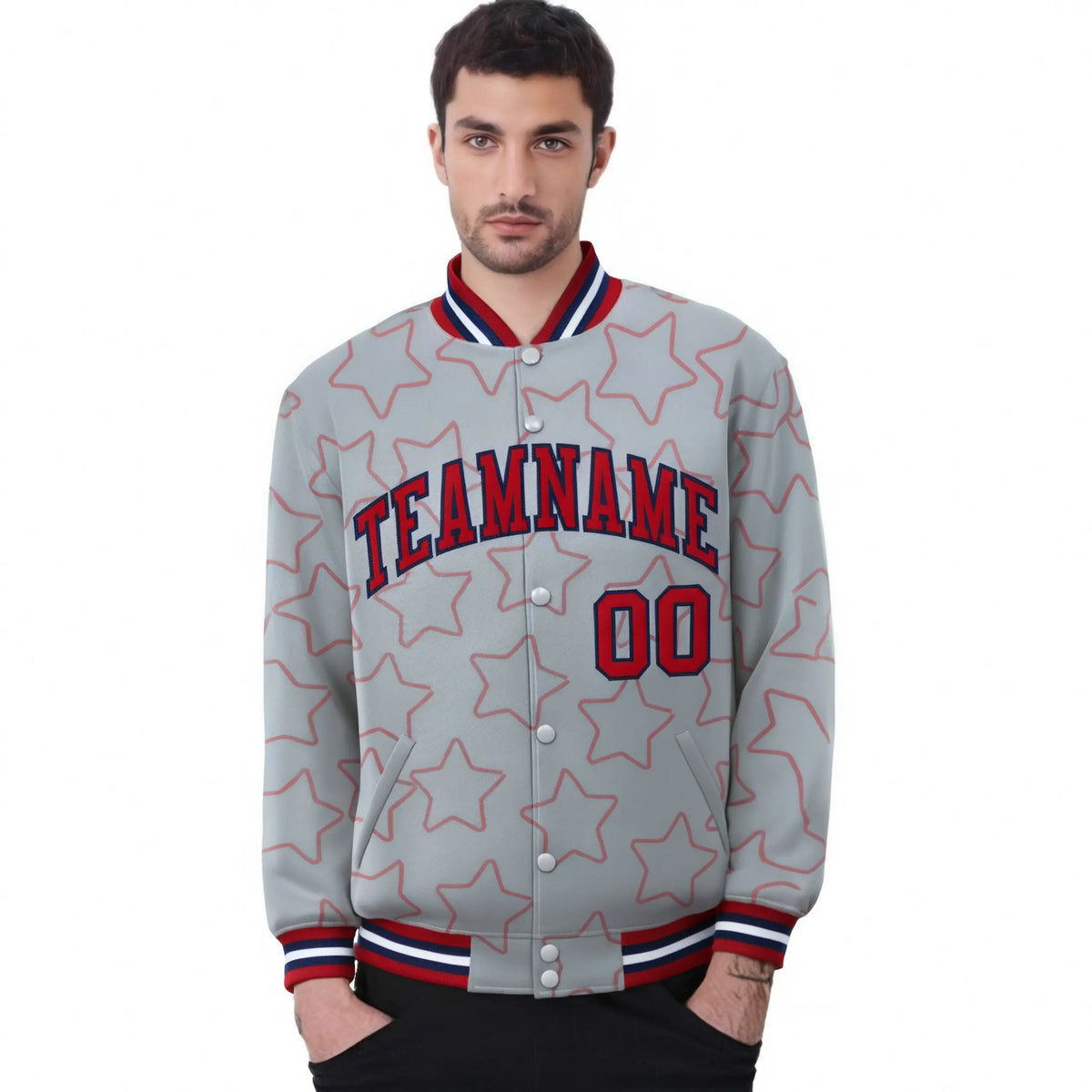Custom Gray Red-Navy Varsity Full-Snap Star Pattern Letterman Baseball Jacket