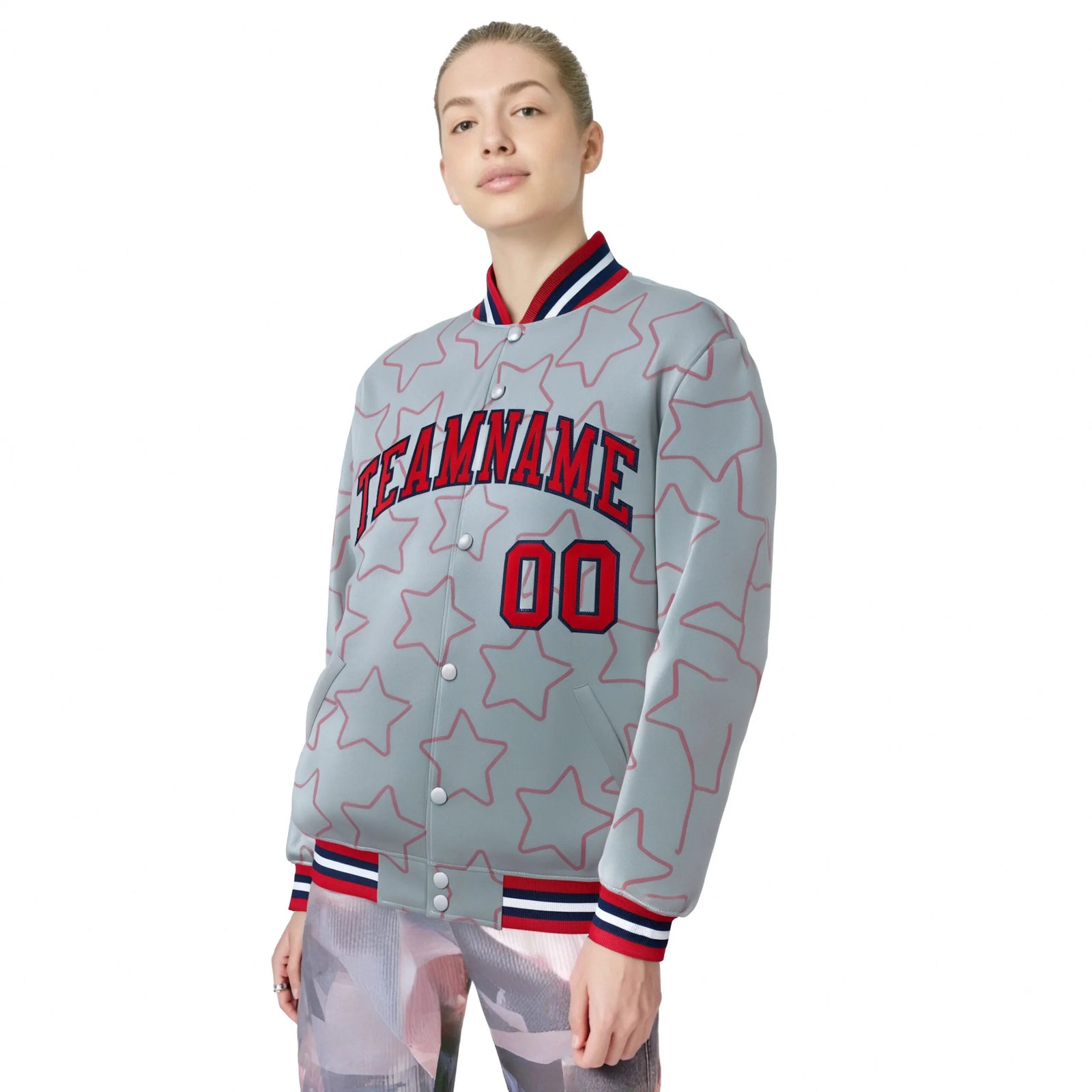 Custom Gray Red-Navy Varsity Full-Snap Star Pattern Letterman Baseball Jacket
