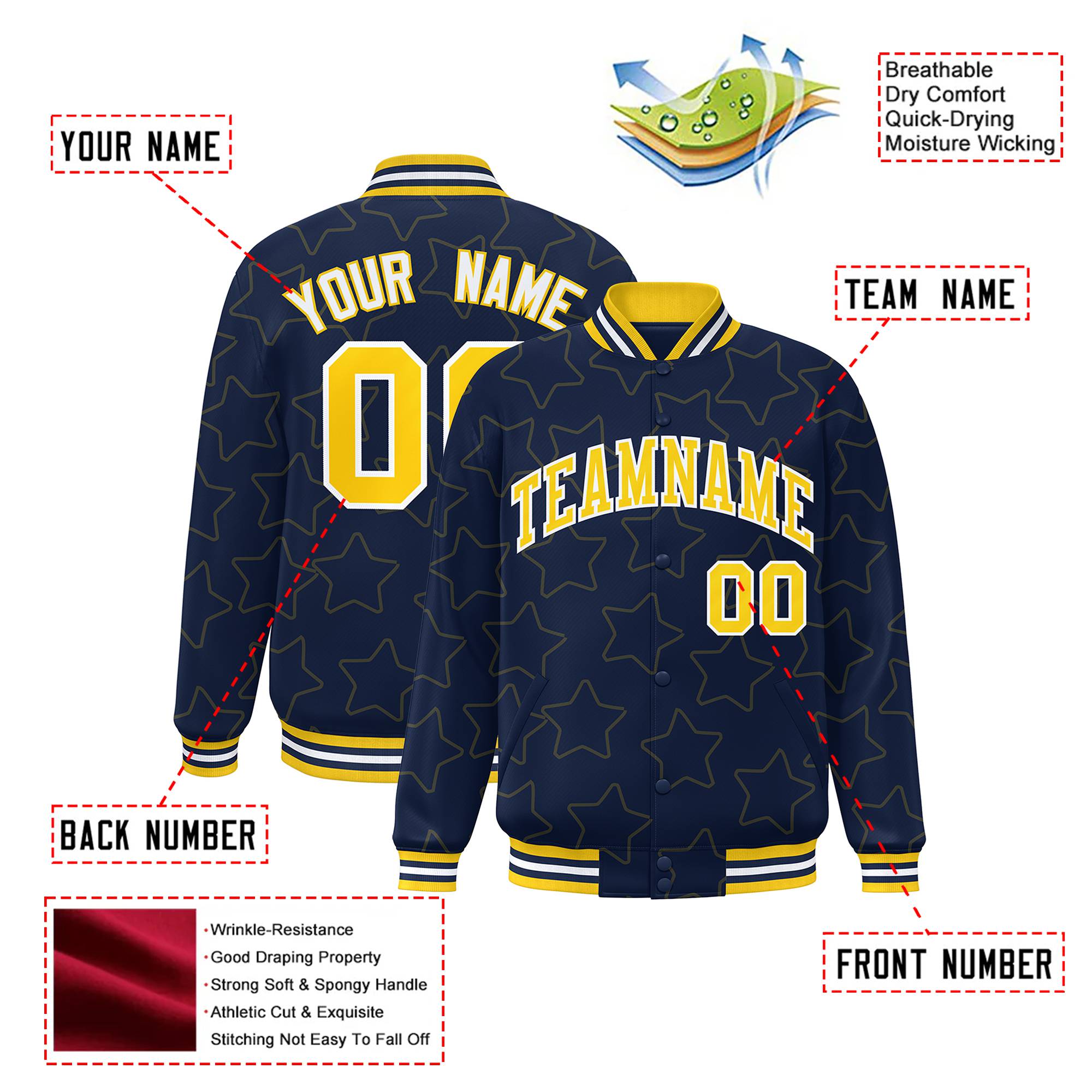 Custom Navy Gold-White Varsity Full-Snap Star Pattern Letterman Baseball Jacket