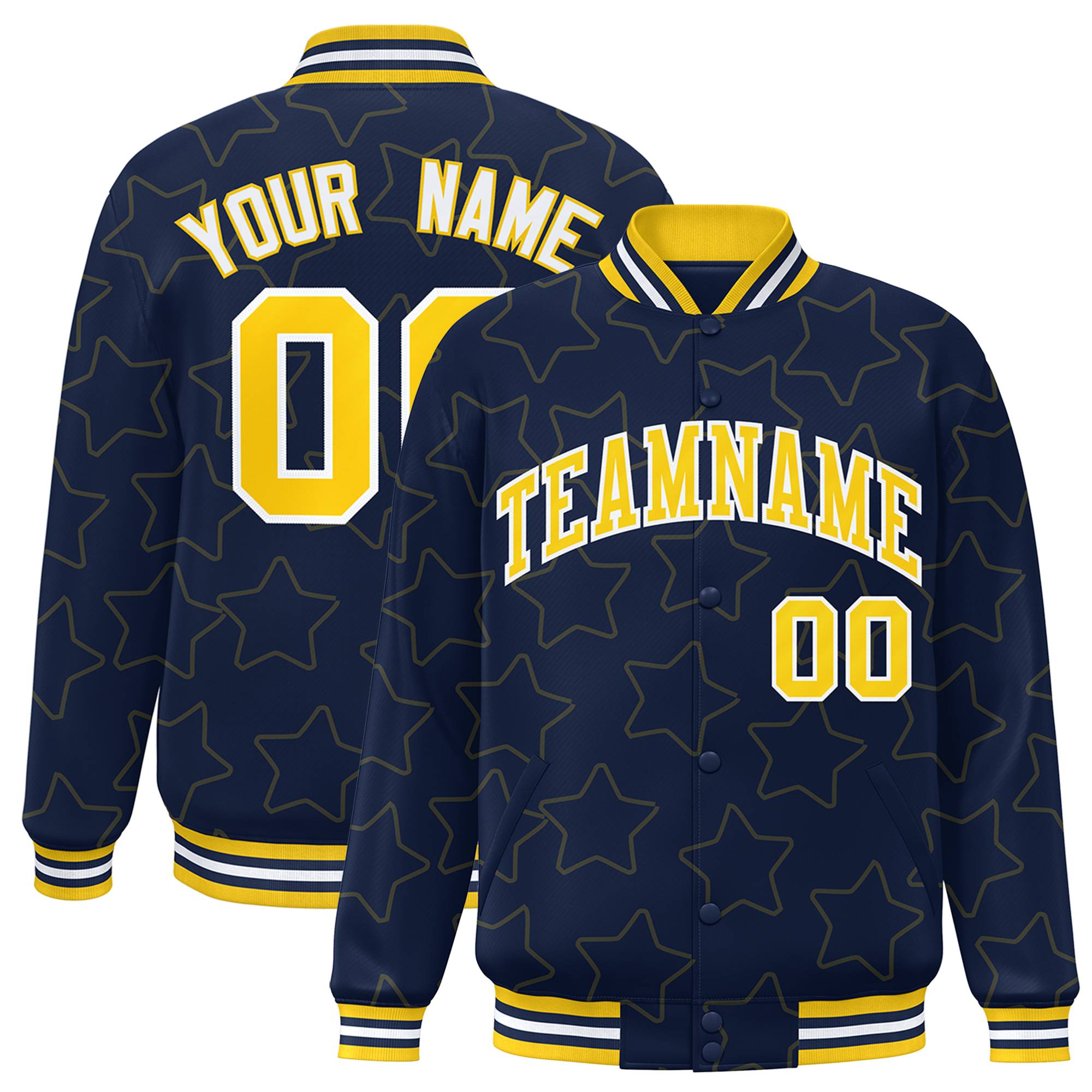 Custom Navy Gold-White Varsity Full-Snap Star Pattern Letterman Baseball Jacket