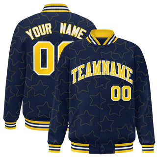 Custom Navy Gold-White Varsity Full-Snap Star Pattern Letterman Baseball Jacket - Style 1