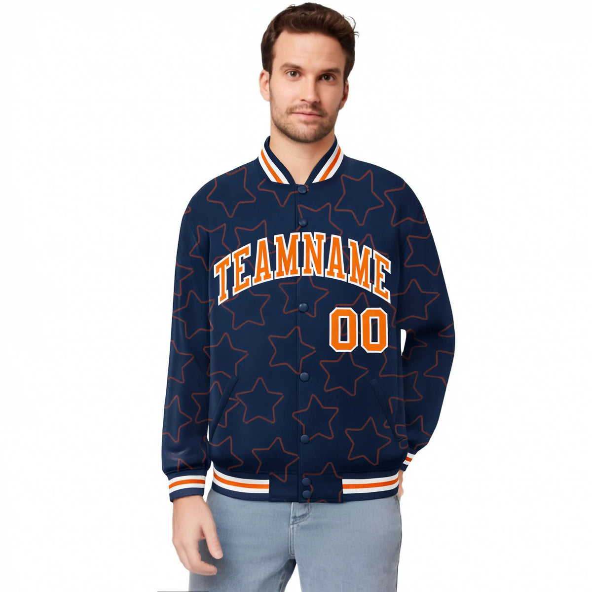 Custom Navy Orange-White Varsity Full-Snap Star Pattern Letterman Baseball Jacket