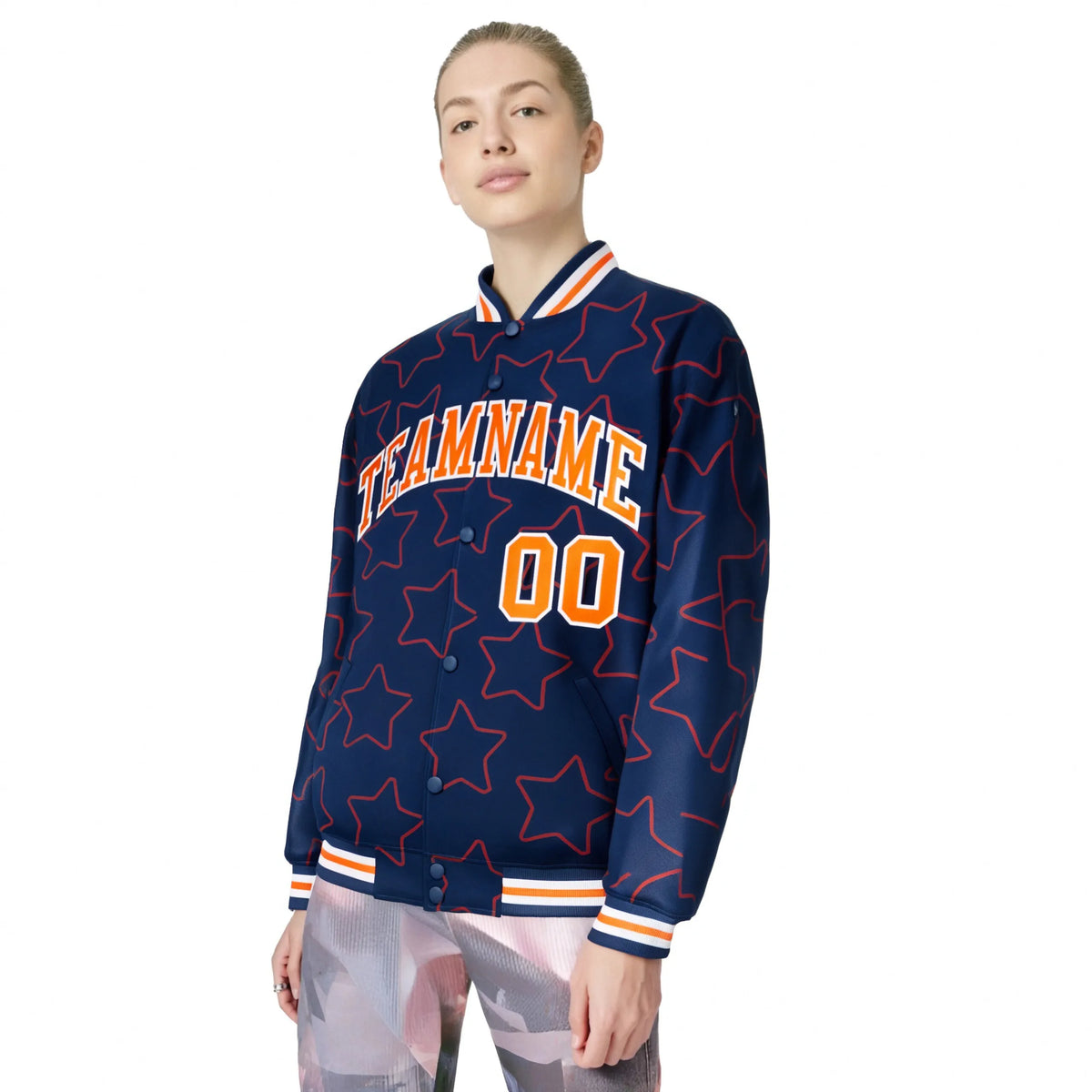 Custom Navy Orange-White Varsity Full-Snap Star Pattern Letterman Baseball Jacket
