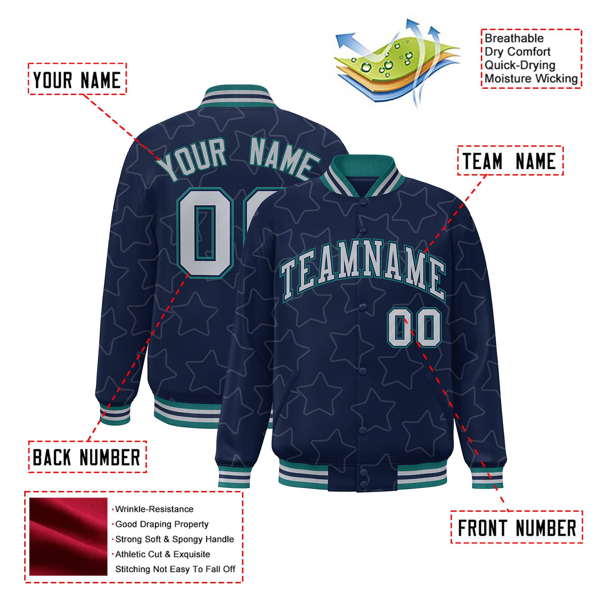 Custom Navy Gray-Teal Varsity Full-Snap Star Pattern Letterman Baseball Jacket