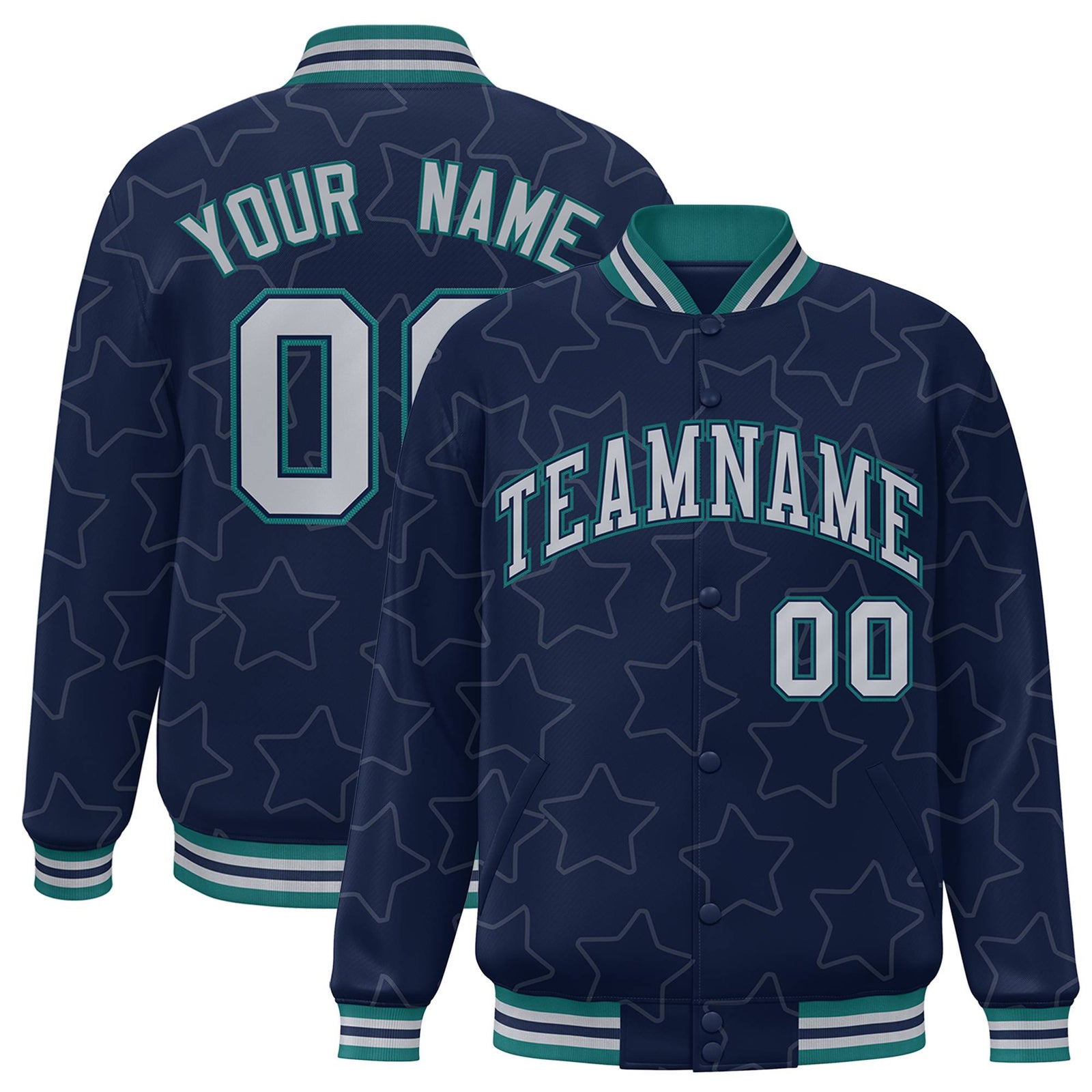 Custom Navy Gray-Teal Varsity Full-Snap Star Pattern Letterman Baseball Jacket